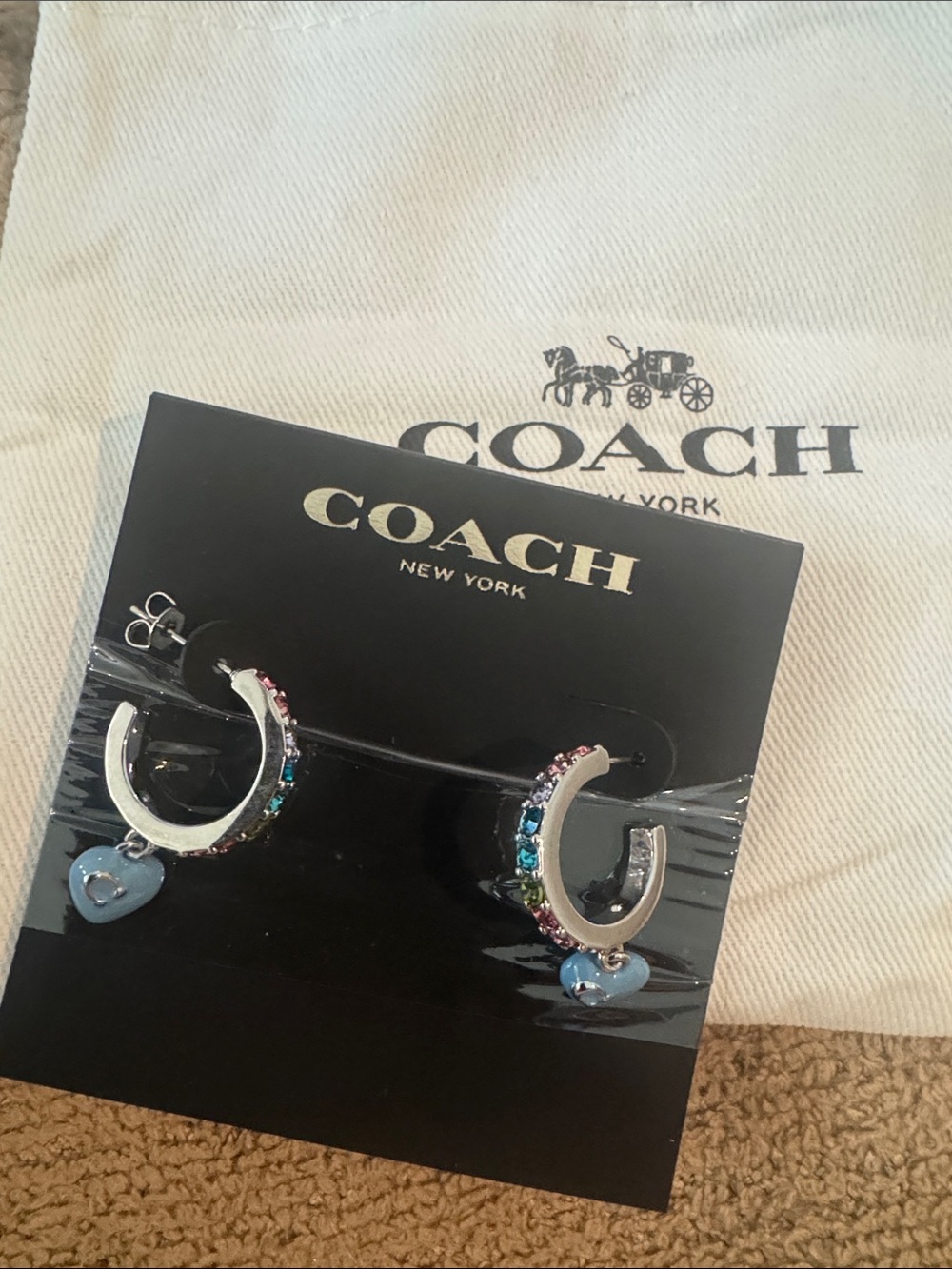 COACH Silver Hoop Earrings with Blue Heart Charms and Multicolor Stones